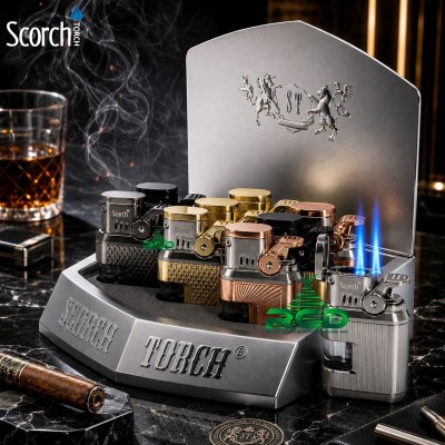 SCORCH TORCH 2 FLAME W/ CIGAR PUNCH & SEE THRU ASST. COLOR - 9CT/ DISPLAY